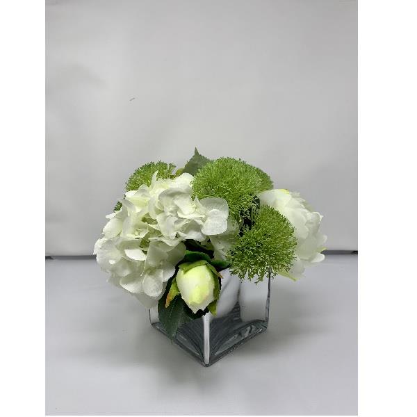 Peony White & Green Arrangement - Mirrored Vase