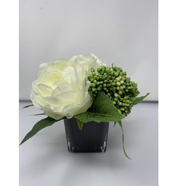 White Peony Arrangement - Black Vase