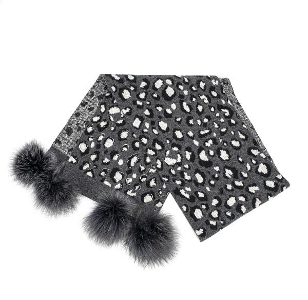 Leopard Print Scarf with Fox Pompoms