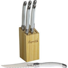 Laguiole steak knives, white acrylic handles, dishwasher safe Length of  handle 12 cm Bee Welded bee Bolsters Full handle Packaging Block of 6  Nature of the handle Acrylic POM, white Steel blade