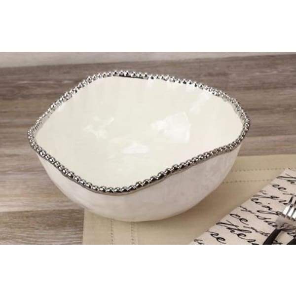 Porcelain Large Salad Bowl- White &amp; Silver - Boutique Marie Dumas