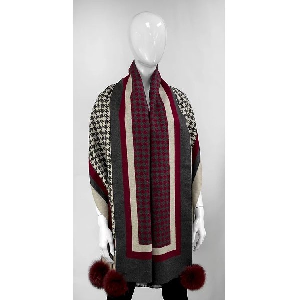 Red & Beige Houndstooth Wool Wrap with Fox Pompoms - Boutique Marie Dumas