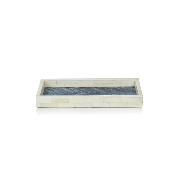 Small Bone and Blue Herringbone Rectangular Tray