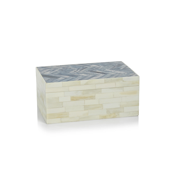 Large Bone and Blue Herringbone Box