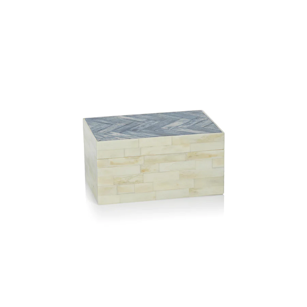 Small Bone and Blue Herringbone Box