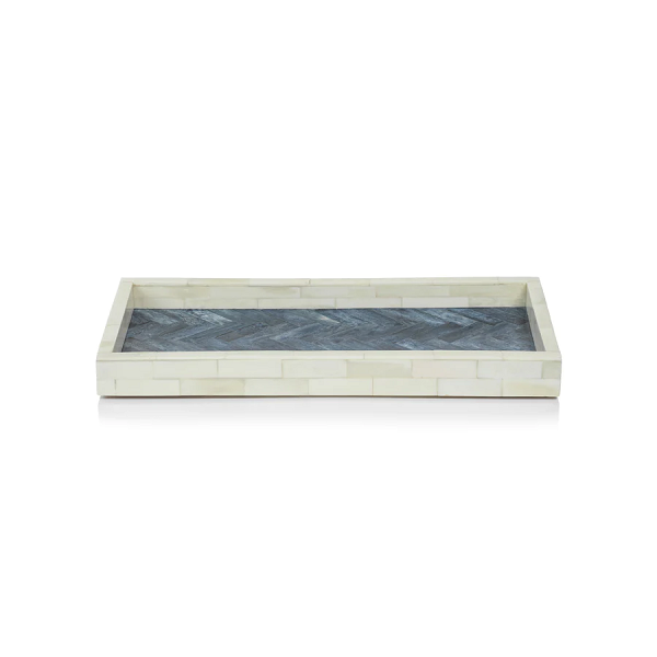 Large Bone and Blue Herringbone Rectangular Tray