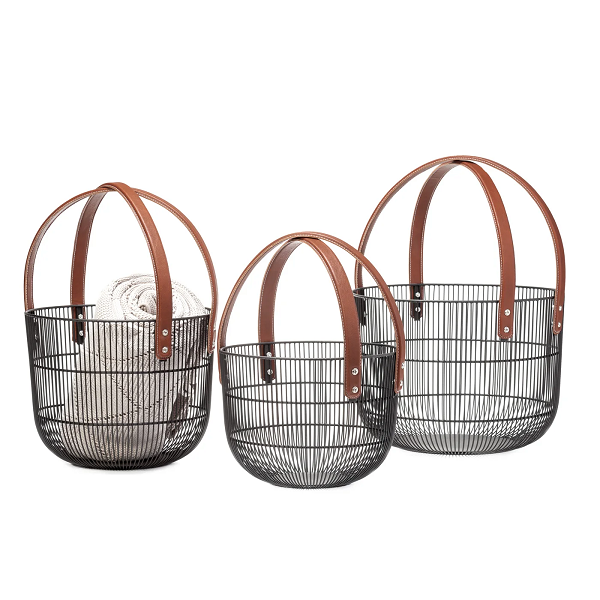 Faux Leather Set of Three Handle Baskets