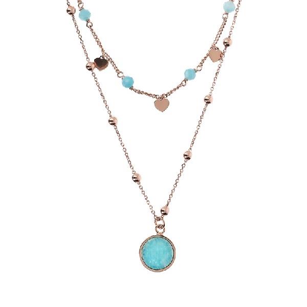 Bronzallure Two Strands Necklace with Rose Hearts - Amazonite