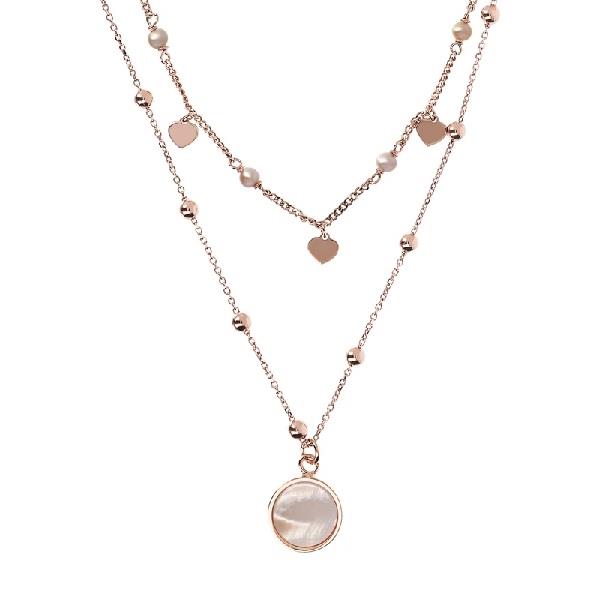 Bronzallure Two Strands Necklace with Rose Hearts - White Pearl