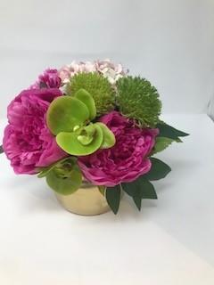 Floral Arrangement- Peony/Orchid in Gold Planter