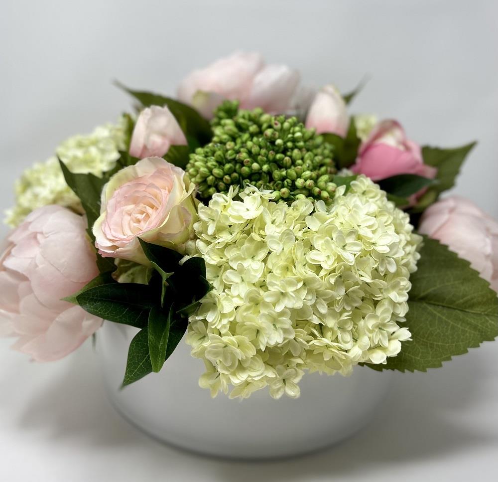 Floral Arrangement Mix of Pink & Green in White Glass Container