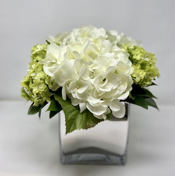 Floral Arrangement - Mix of Green & White in Mirrored Cube