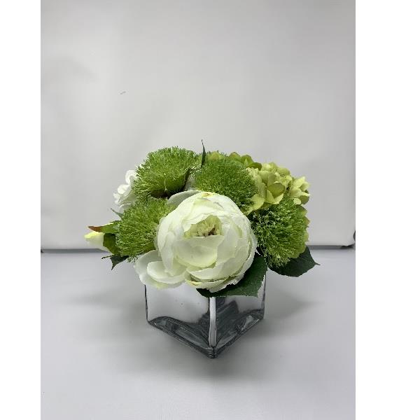 Peony White & Green Arrangement - Mirrored Vase