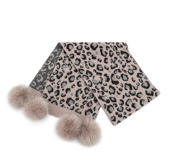 Leopard Print Scarf with Fox Pompoms