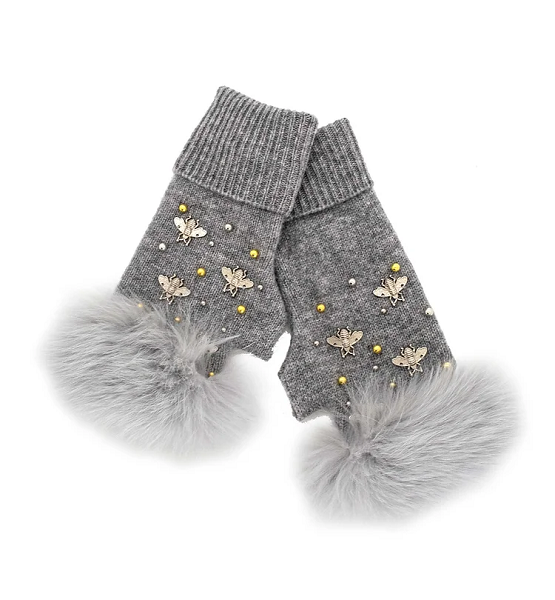 Light Grey Fingerless Gloves with Bees
